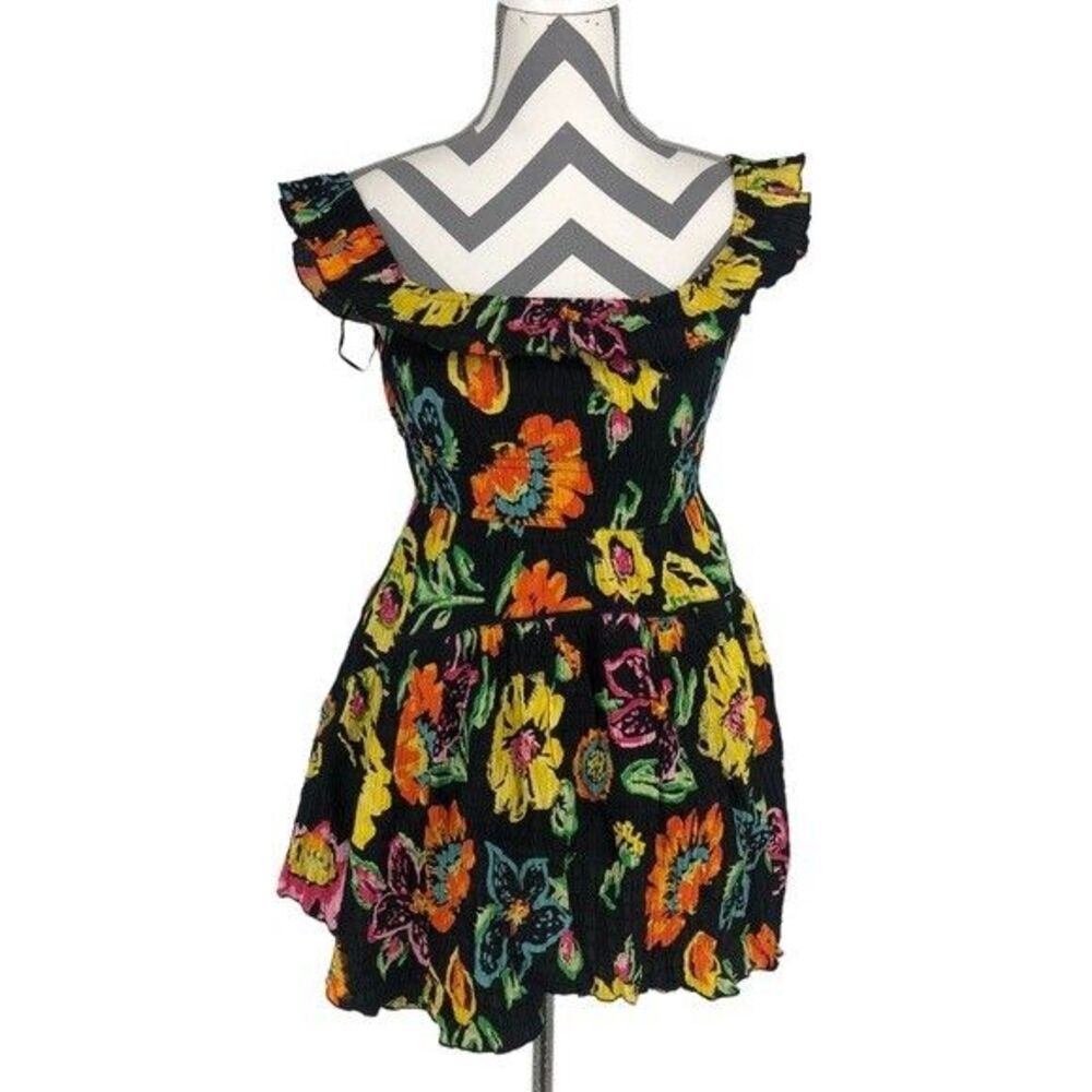 Urban Outfitters Black Floral Printed Off the Shoulder Mini Dress Medium Ruffle